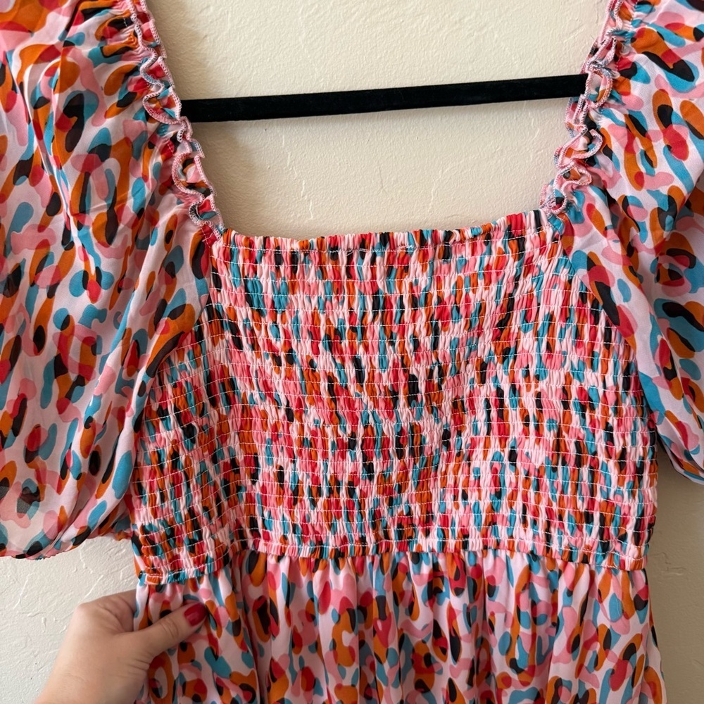 Jessica Simpson Abstract Leopard Print Puff Sleeve Mini Dress Size Medium - Picture 6 of 7